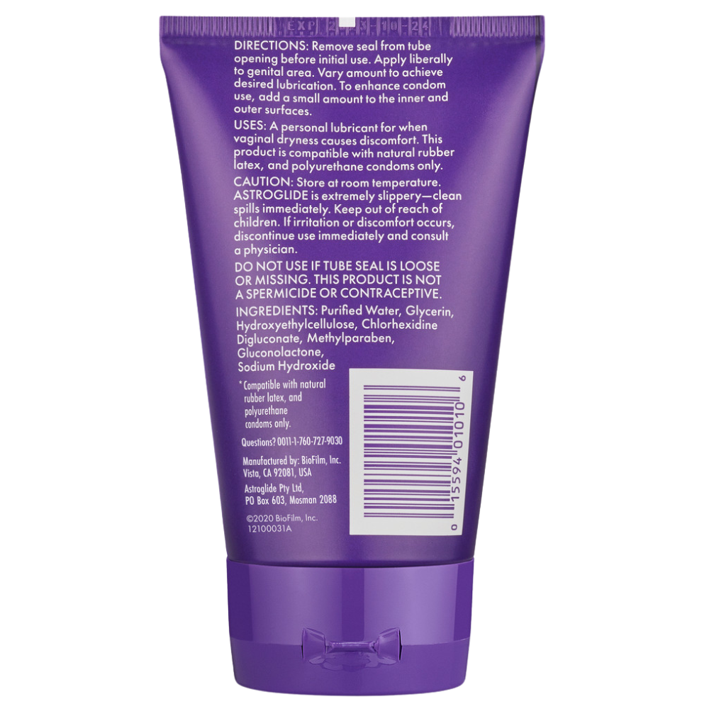 Back label of Astroglide Gel water-based personal lubricant in a purple tube on a white background