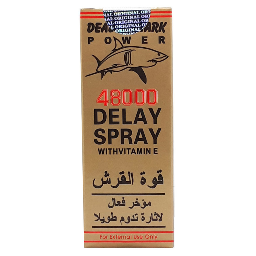 Dead Shark Power 48000 Delay Spray with Vitamin E in retail packaging featuring shark graphic
