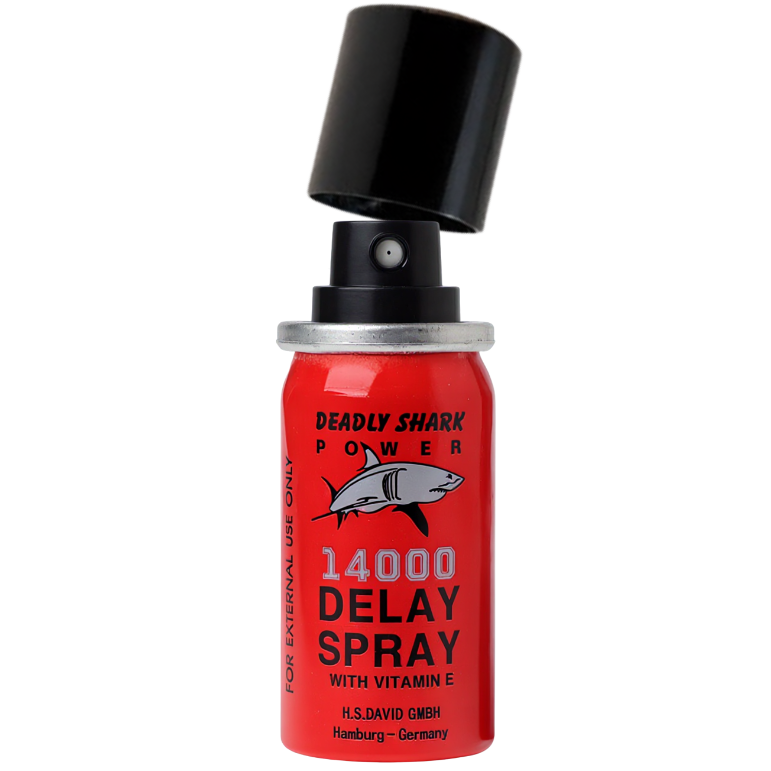 Deadly Shark Power 14000 delay spray bottle with cap lifted, numbing spray for men to delay ejaculation and last longer