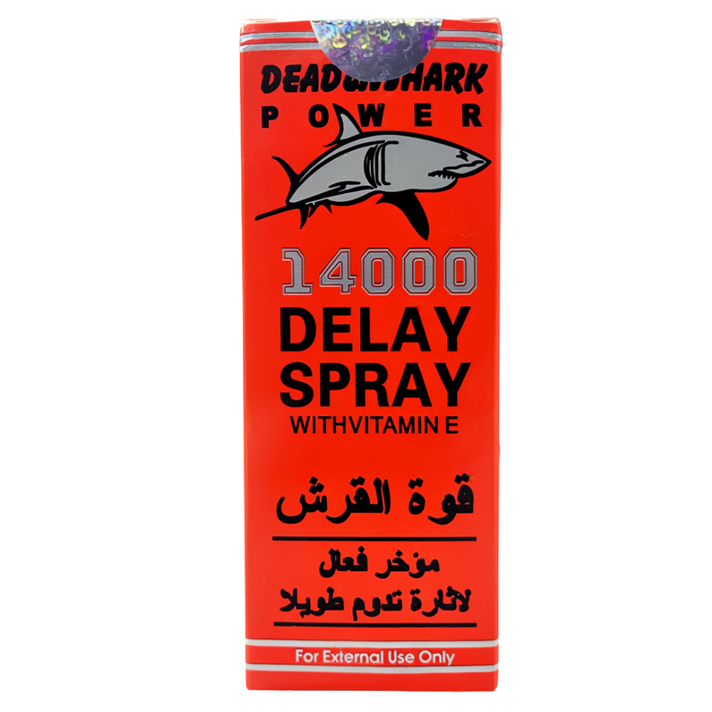 Deadly Shark Power 14000 delay spray box, red packaging with shark logo and vitamin E label