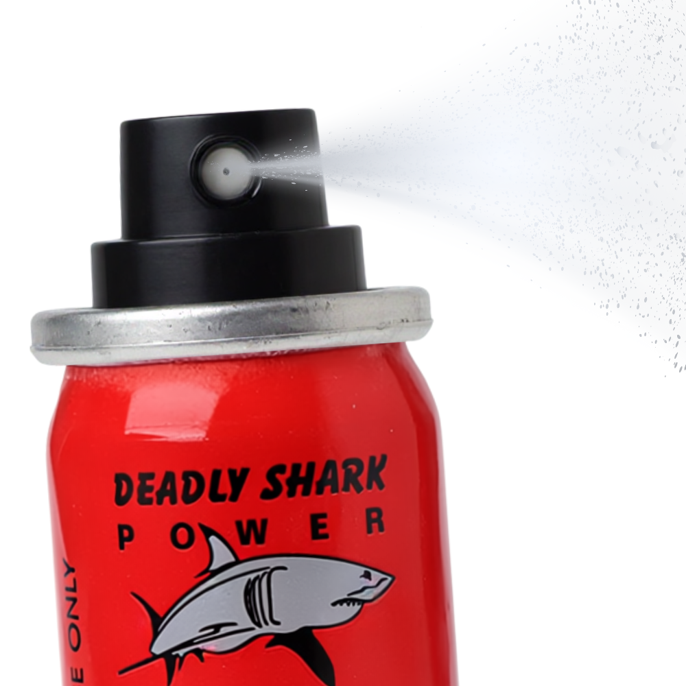 Deadly Shark Power 14000 spray can in red with shark logo, shown in use spraying mist