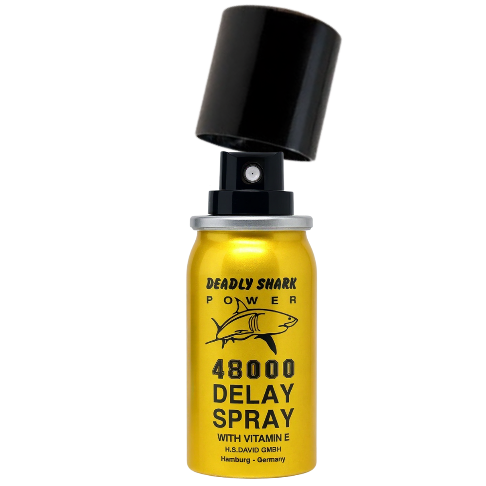 Deadly Shark Power 48000 Delay Spray can with Vitamin E, gold bottle with black cap open