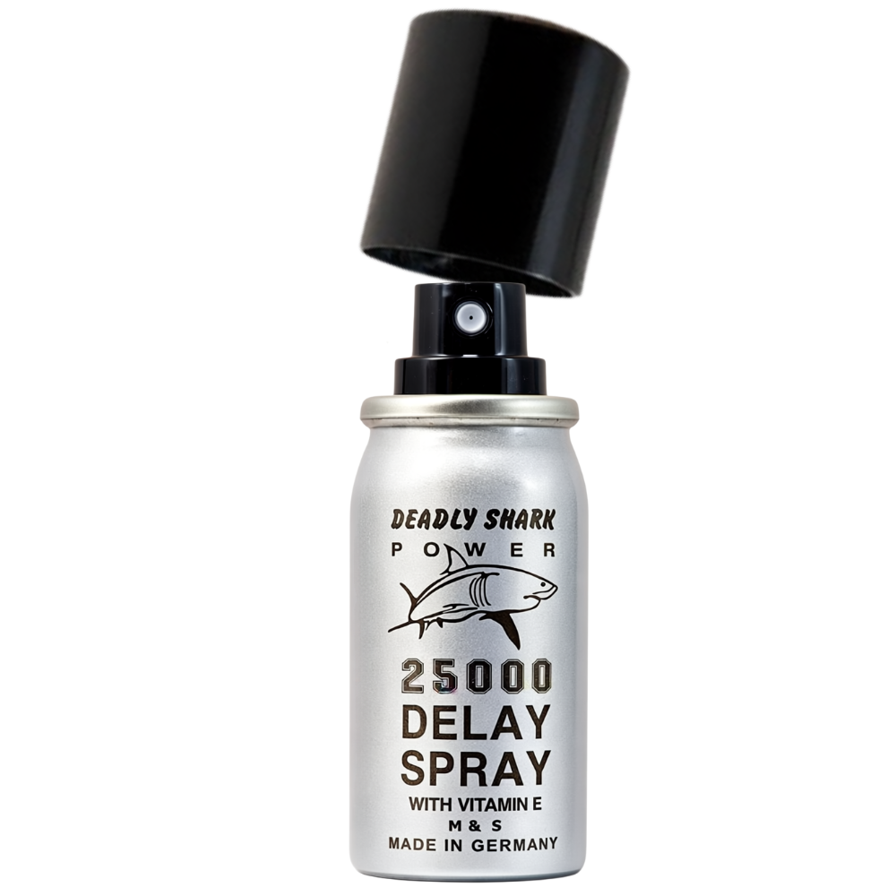 Deadly Shark 25000 Delay Spray for men, silver bottle with shark logo, vitamin E formula made in Germany, black cap open