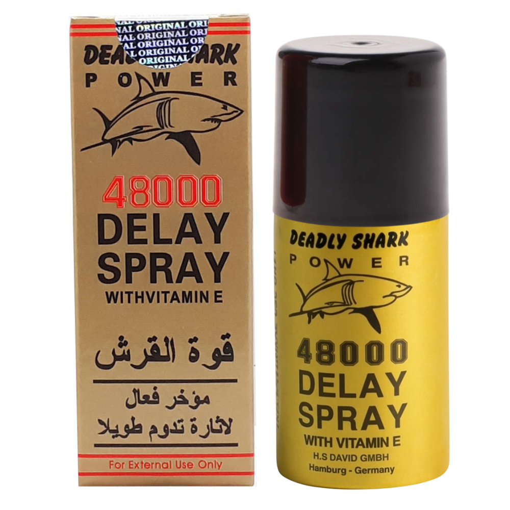 Deadly Shark Power 48000 delay spray with Vitamin E shown with box and bottle on white background.