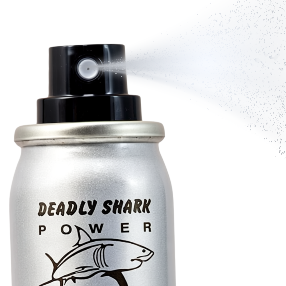 Deadly Shark Delay Spray for men, silver bottle with shark logo, performance enhancing long-lasting spray in use