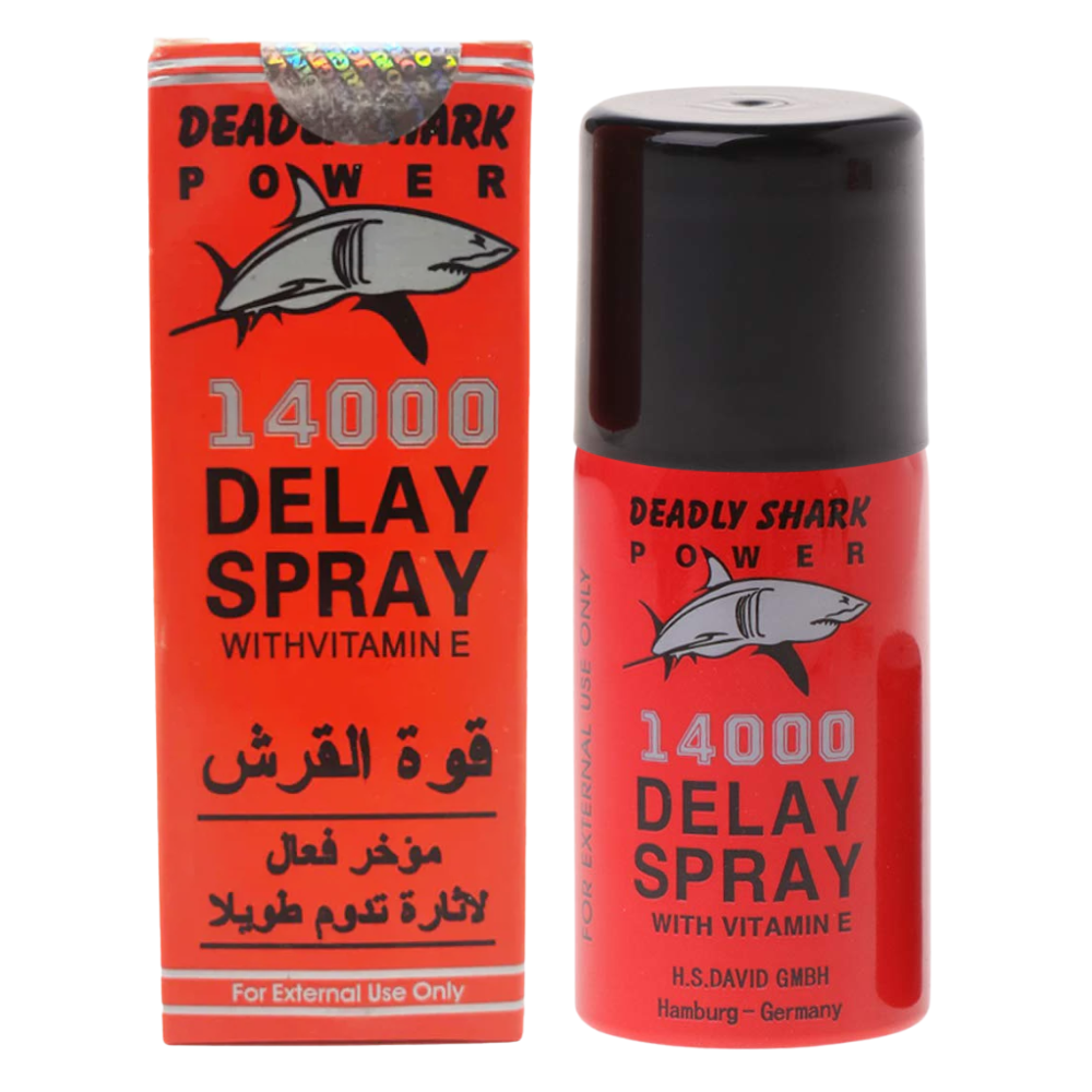 Deadly Shark Power 14000 delay spray with vitamin E bottle and matching box with shark logo and Arabic text