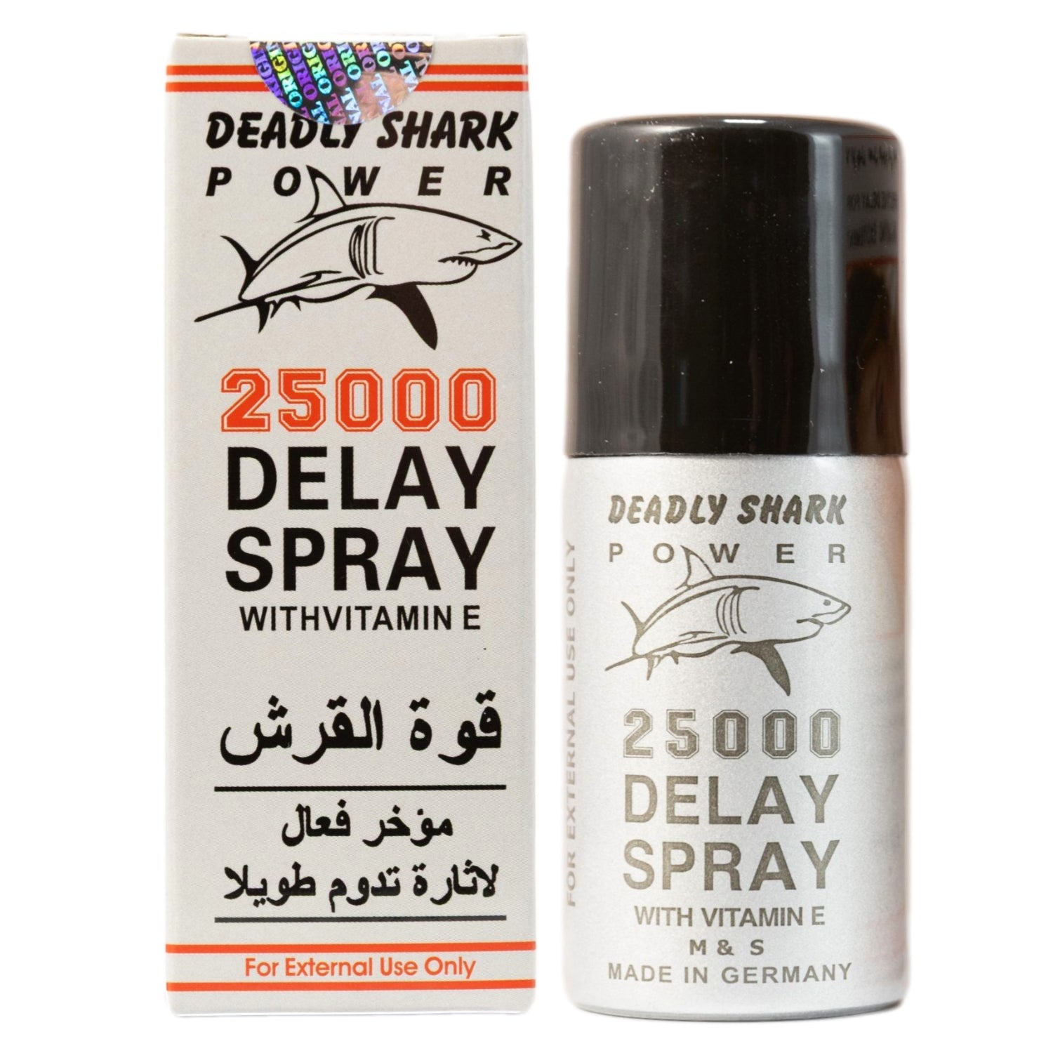 Deadly Shark Power 25000 delay spray silver bottle with black cap beside matching white retail box featuring shark logo and Vitamin E label