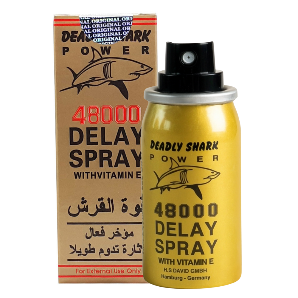Deadly Shark Power 48000 delay spray with Vitamin E, showing gold spray can and retail packaging on white background