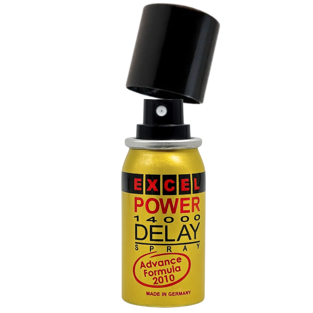 Excel Power 14000 delay spray bottle with cap lifted, gold can design featuring Advance Formula 2010 label, made in Germany
