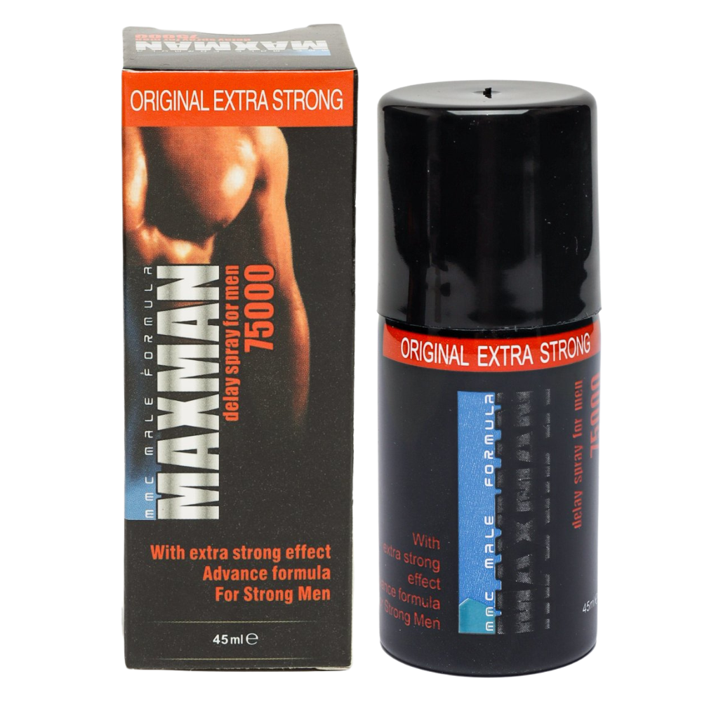 MaxMan 75000 delay spray bottle and box angled view, numbing spray for men to delay ejaculation and improve stamina