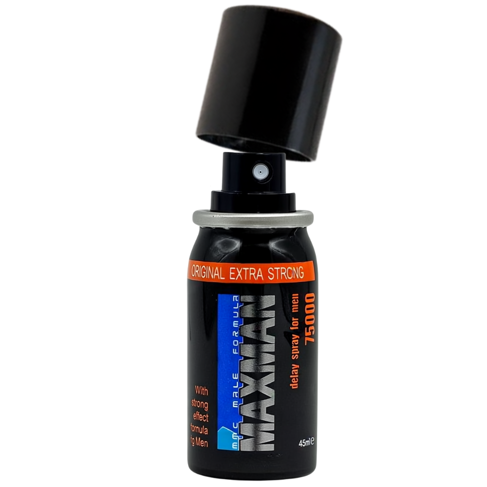 MaxMan 75000 delay spray bottle with cap lifted, numbing spray for men to delay ejaculation and boost control