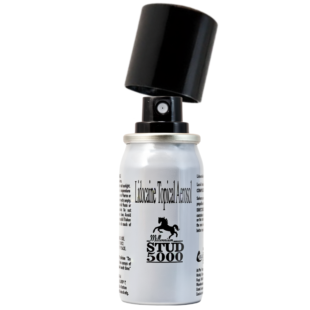 Millennium Stud 5000 delay spray bottle with cap lifted, numbing spray for men to delay ejaculation and last longer