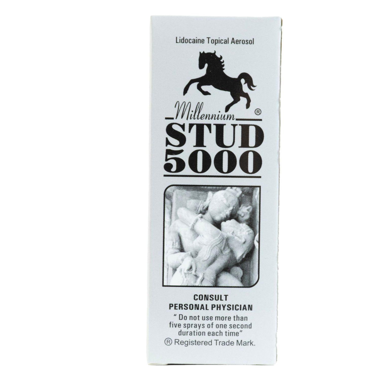 Front view of Millennium Stud 5000 lidocaine topical aerosol box with horse logo and text instructions