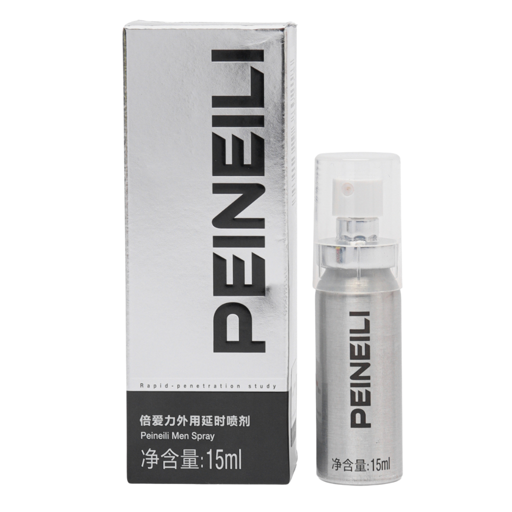 Peineili 15 ml men’s delay spray silver bottle with clear cap alongside matching silver retail box