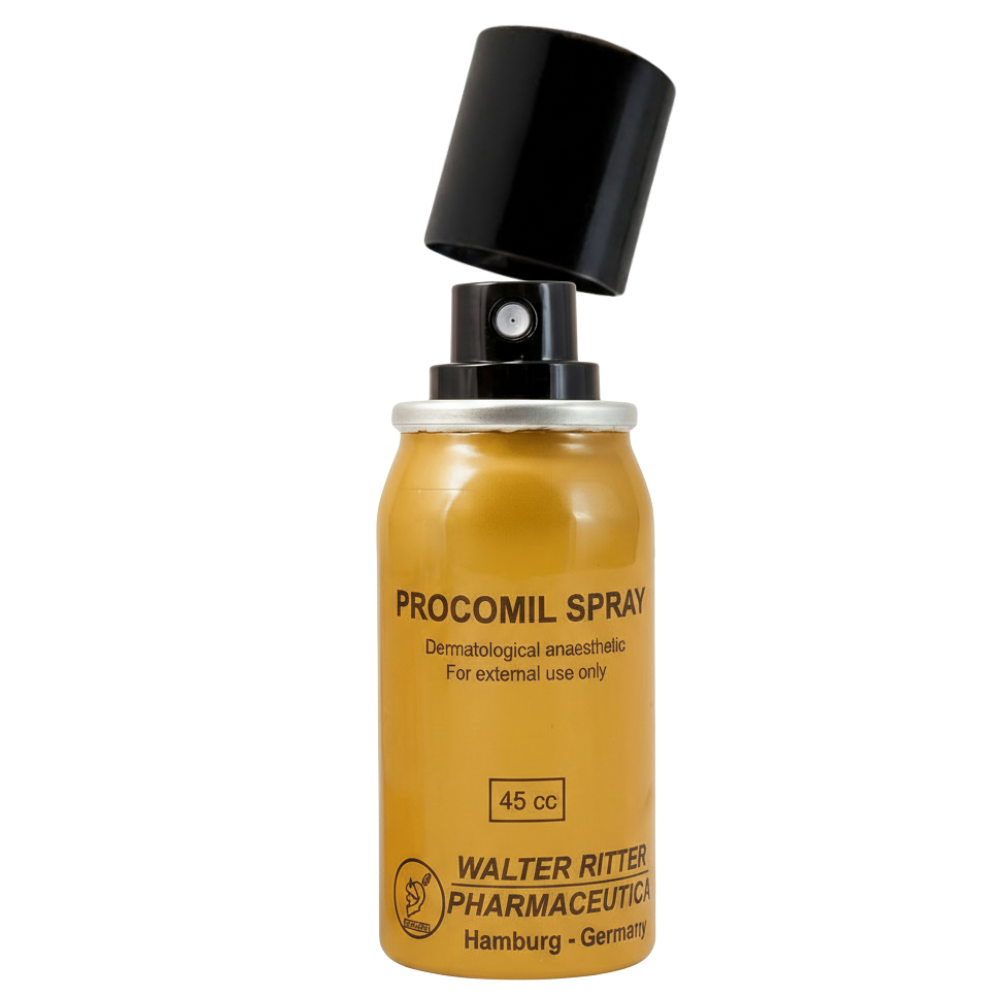 Close up of Procomil delay spray 45ml for men to reduce sensitivity and last longer in bed