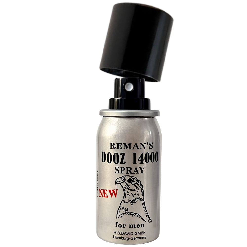 Reman’s Dooz 14000 delay spray for men in silver bottle with black cap open