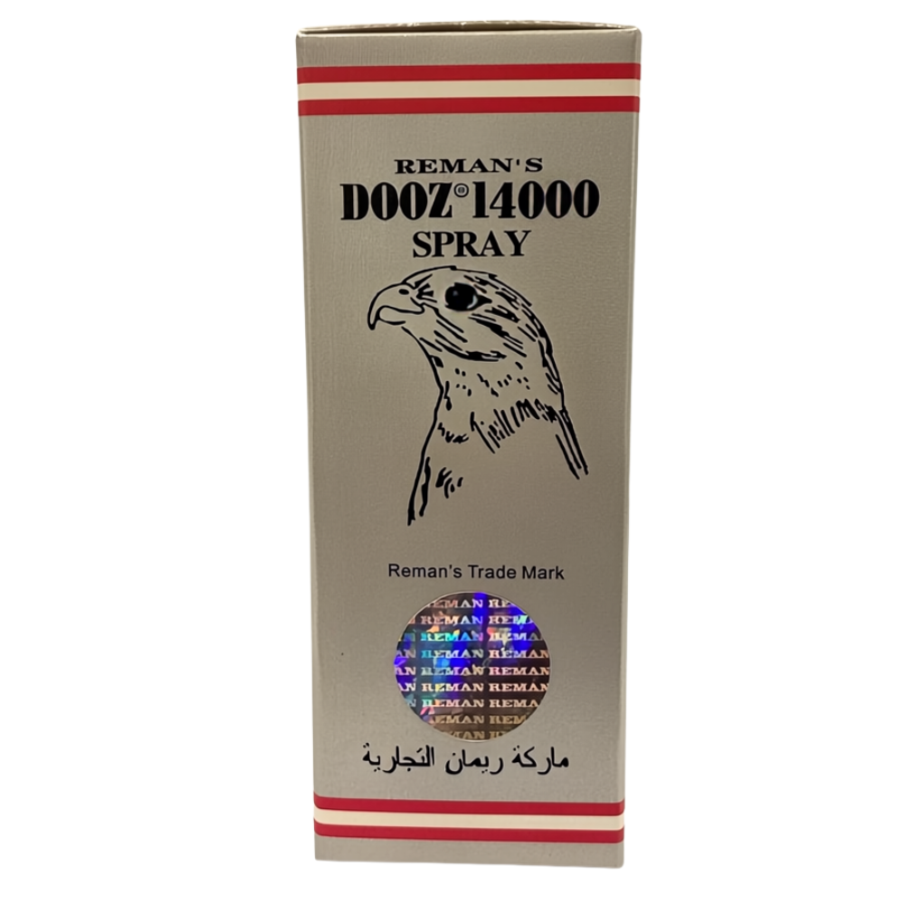 Reman’s Dooz 14000 spray box with falcon logo – men’s delay spray packaging