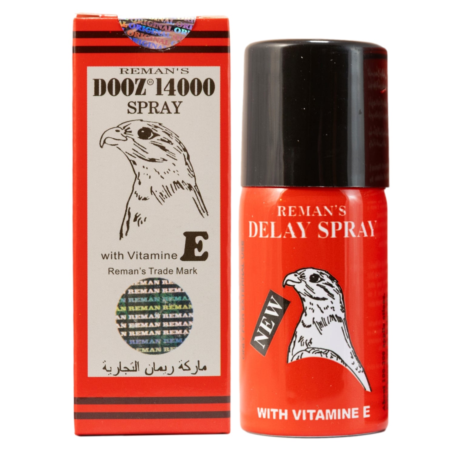 Red bottle and box of Reman's DOOZ 14000 Delay Spray with Vitamin E, featuring falcon logo and Arabic text