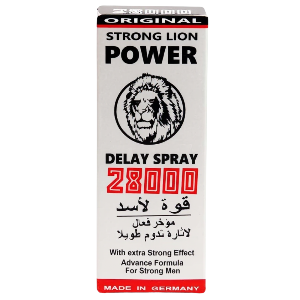 Strong Lion Power 28000 delay spray for men with lion logo, desensitizing formula, made in Germany