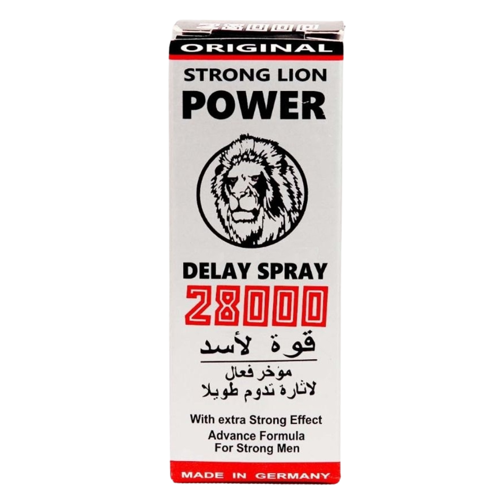 Strong Lion Power 28000 Delay Spray For Men 45ml. Front Of Box Packaging. Last Longer In Bed