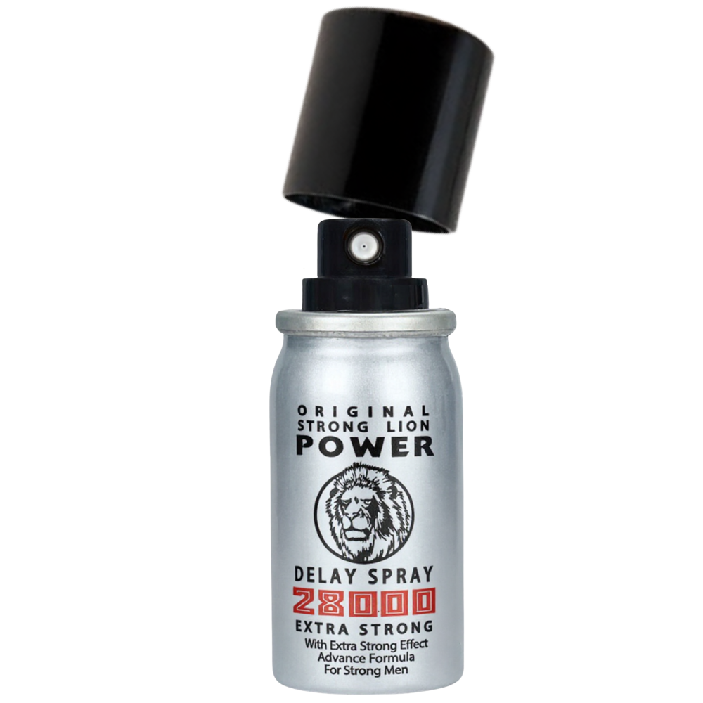 Strong Lion Power 28000 Delay Spray can with black cap open, silver bottle design, extra strong formula for men