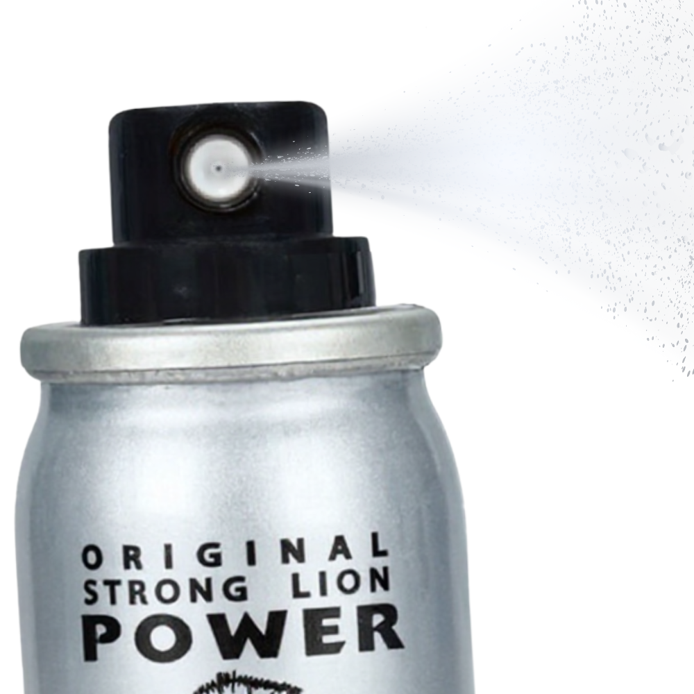 Strong Lion Power 28000 Delay Spray silver can in action, nozzle spraying mist, extra strong formula for men