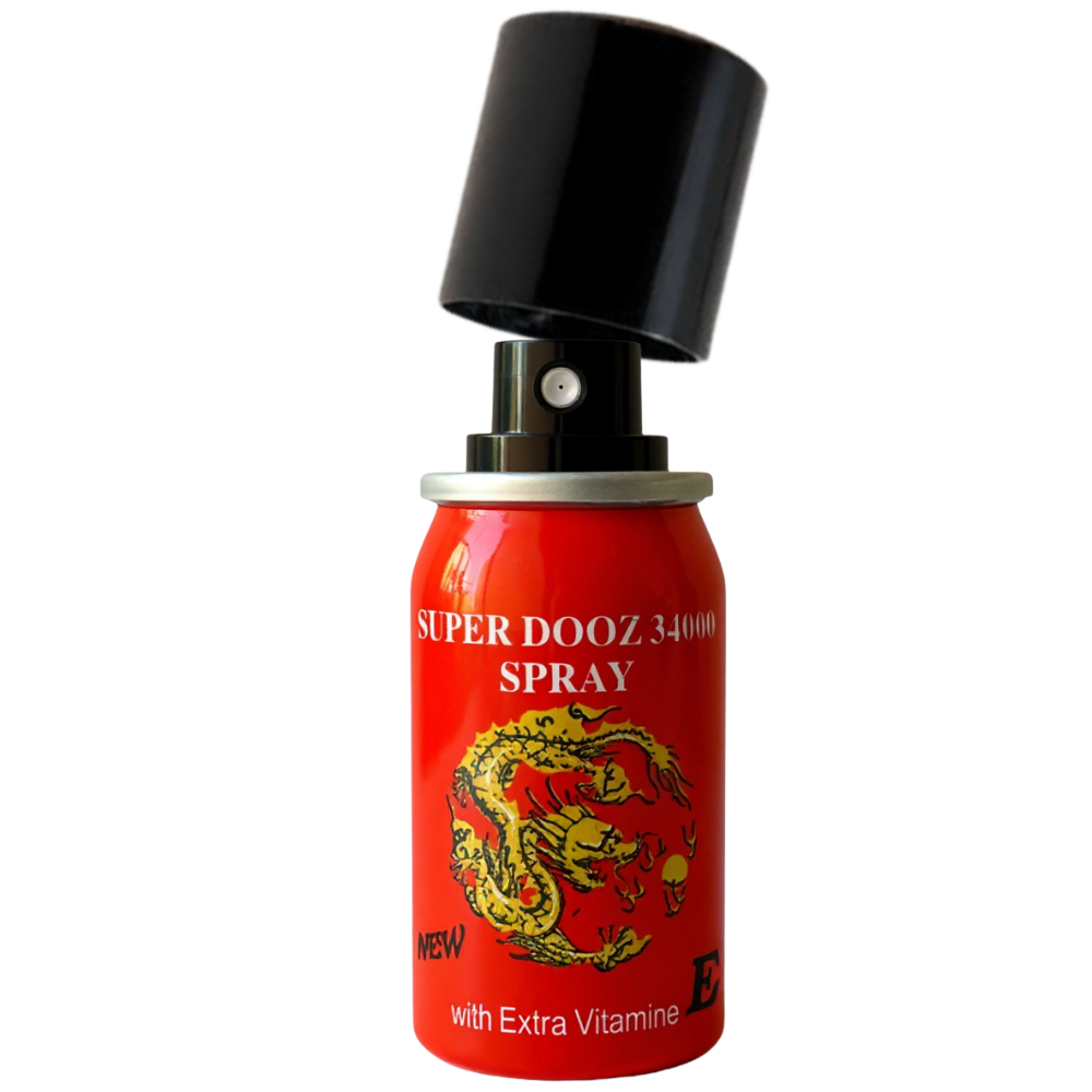 Super Dooz 34000 long-time delay spray for men – red bottle with cap removed, enriched with vitamin E