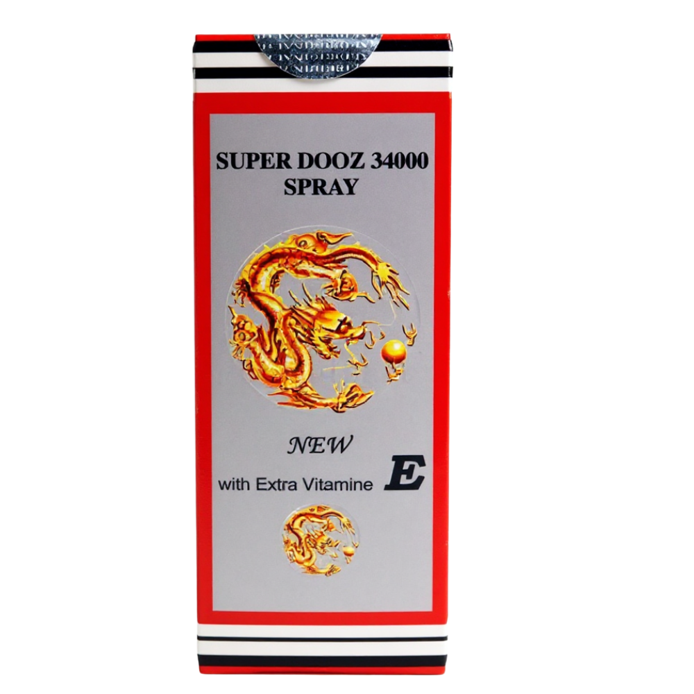 Super Dooz 34000 premature ejaculation delay spray for men – retail packaging box with vitamin E