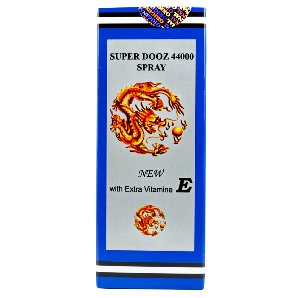 Super Dooz 44000 Delay Spray packaging box, blue and silver design with dragon graphic, extra vitamin E desensitizing spray for men