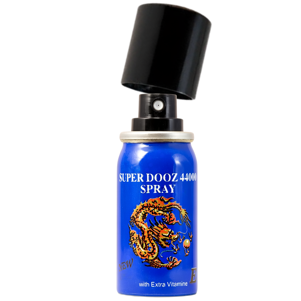 Super Dooz 44000 Delay Spray blue can with dragon design, black cap lifted, male desensitizing spray with extra vitamin E