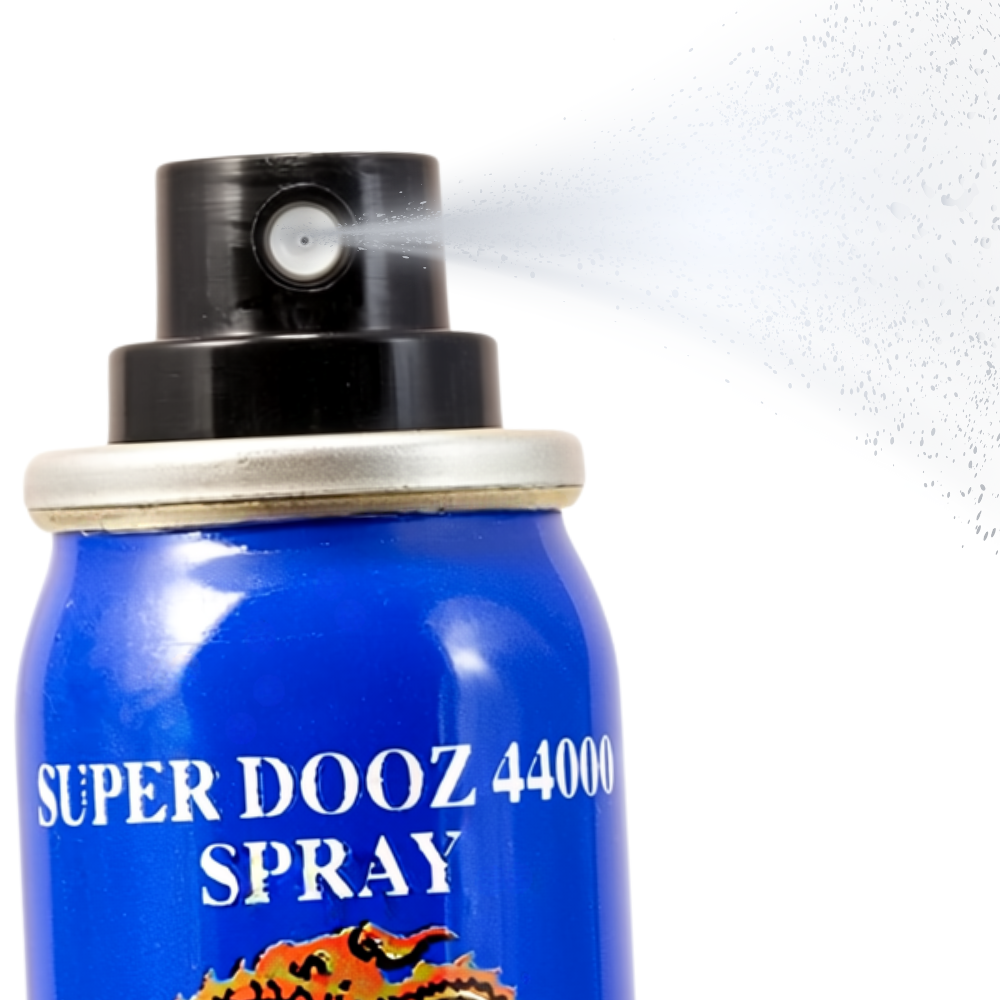 Super Dooz 44000 Delay Spray blue can close-up with spray nozzle in use, male desensitizing spray with dragon design
