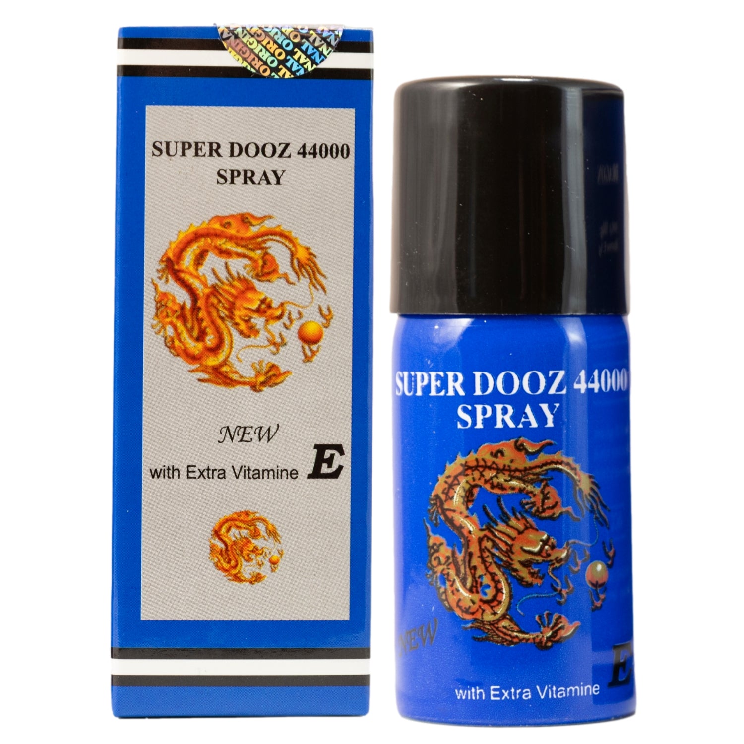 Super Dooz 44000 Spray bottle and box in blue with golden dragon and vitamin E label, new formula