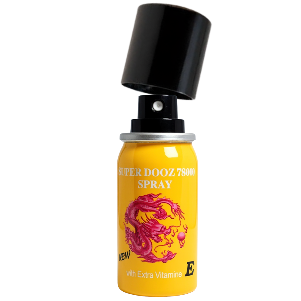 Super Dooz 78000 long-time delay spray for men – yellow bottle with cap removed, enriched with vitamin E