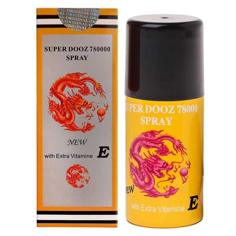 Super Dooz 780000 delay spray for men with red dragon logo, with extra vitamin E, includes box packaging
