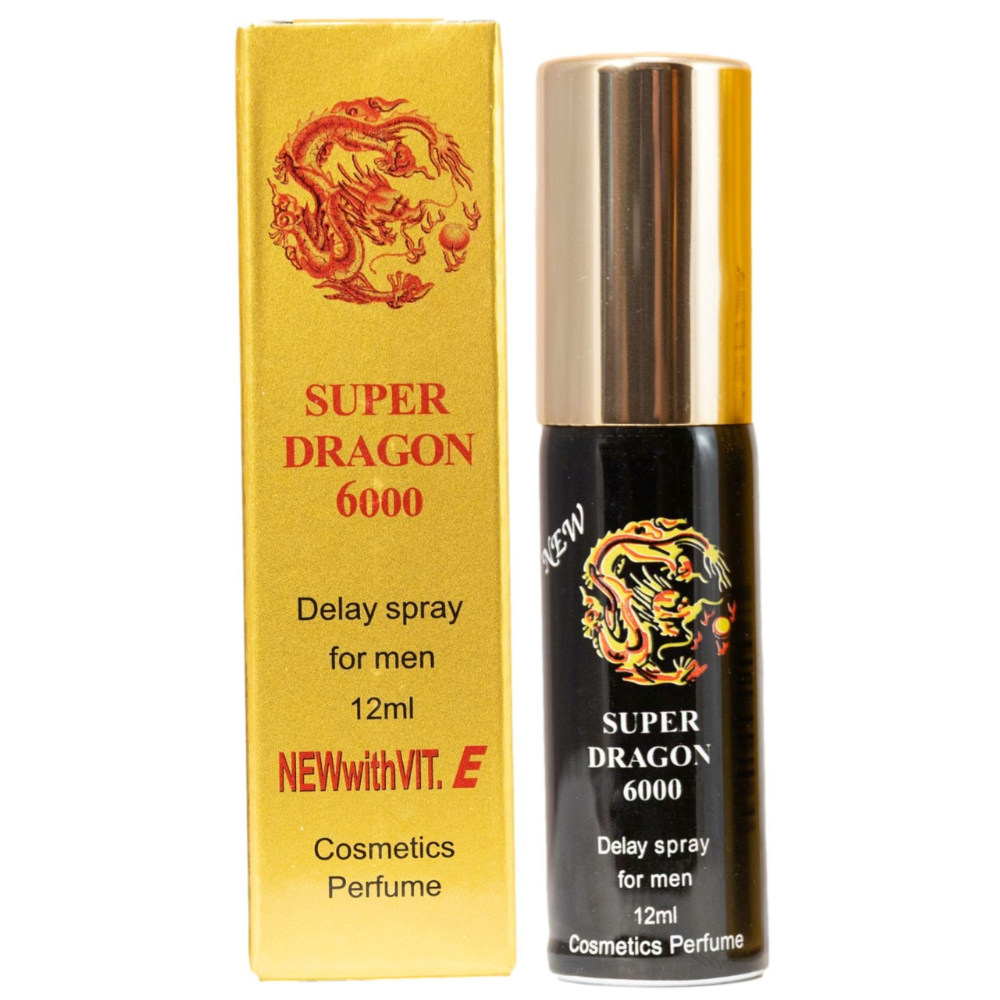 Super Dragon 6000 desensitizing delay spray for men – 12ml black bottle with gold cap and retail packaging box