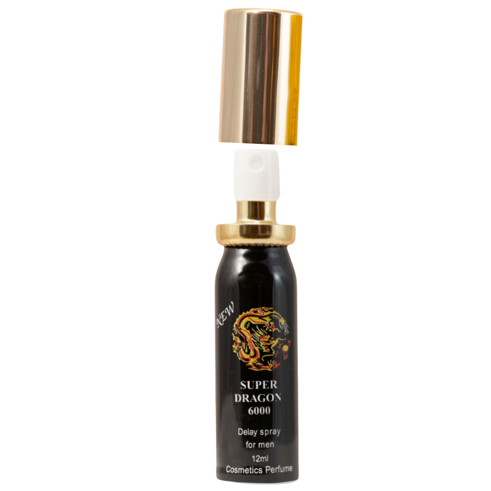Super Dragon 6000 Delay Spray for men, black bottle with gold cap removed and dragon logo