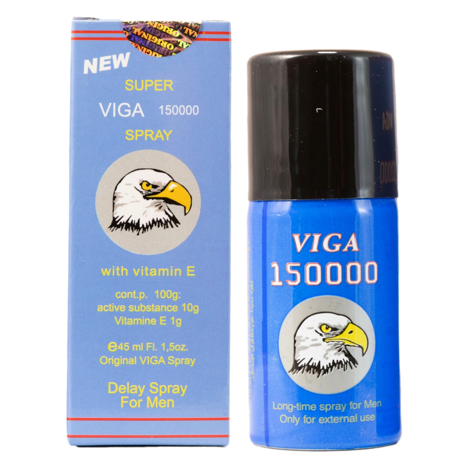 Super Viga 150000 blue delay spray bottle and box angled view, numbing spray for men to delay ejaculation