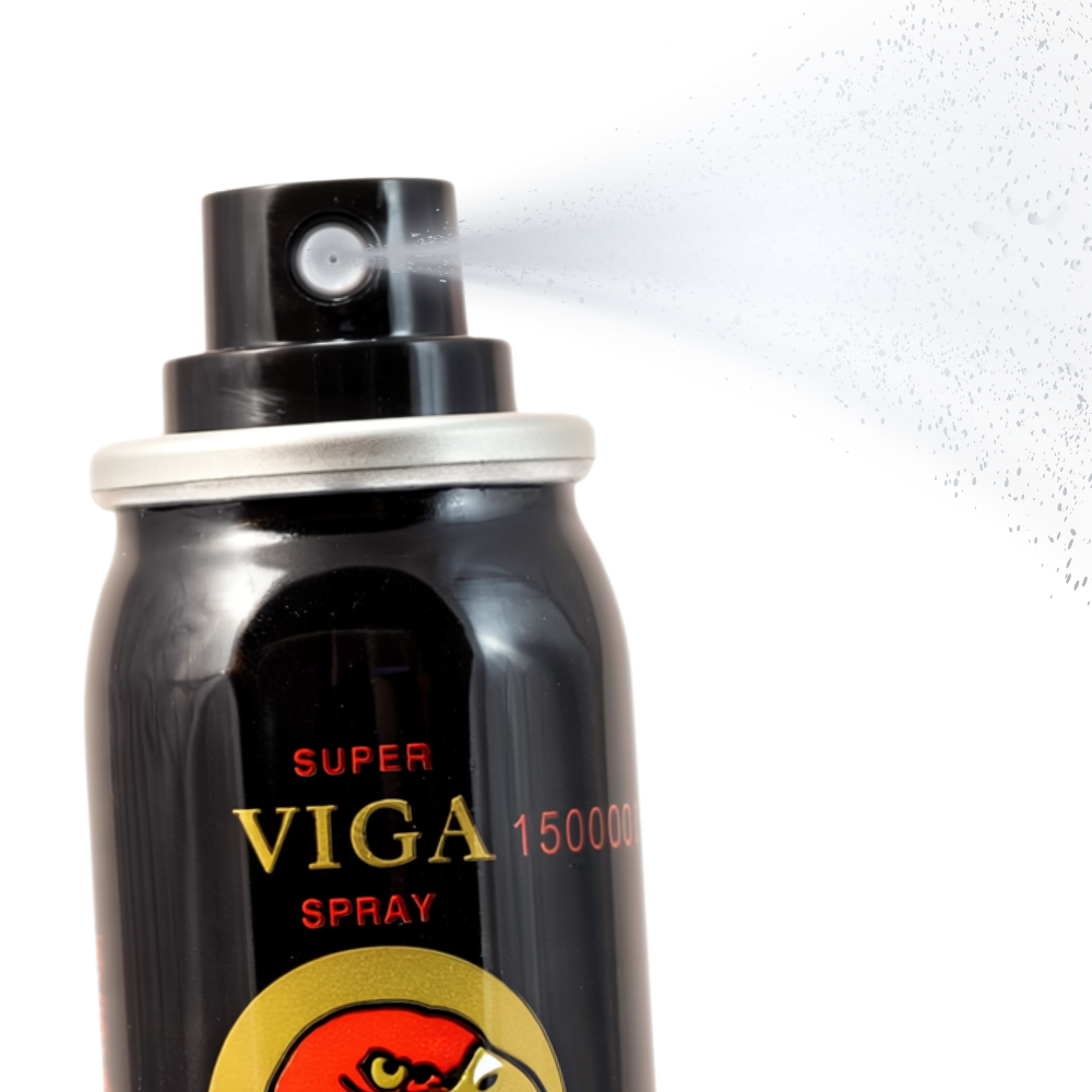 Super Viga 150000 delay spray black can with red eagle logo spraying mist, strong external use formula for men
