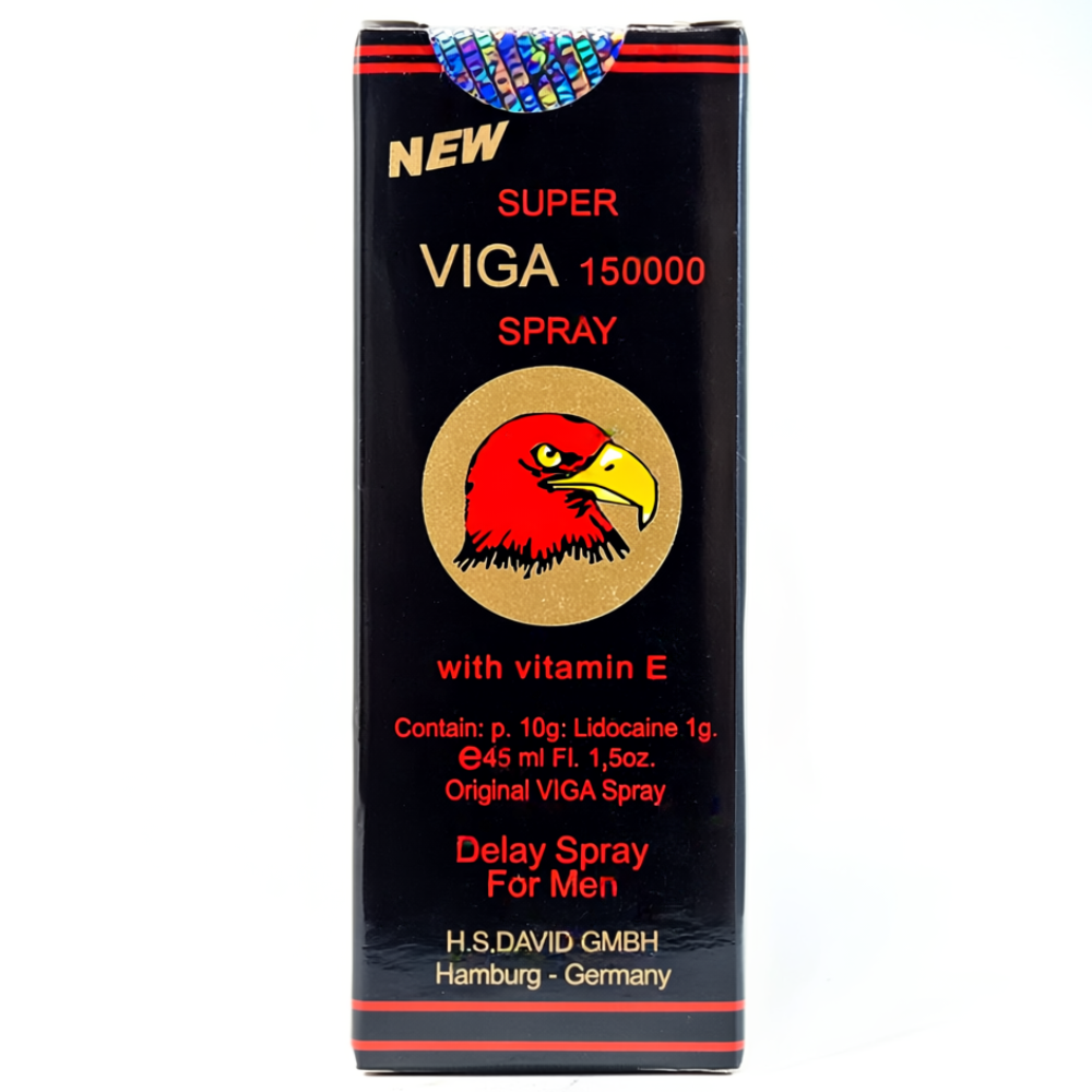 Super Viga 150000 delay spray box with red eagle logo, vitamin E formula, made in Germany men’s long-time spray