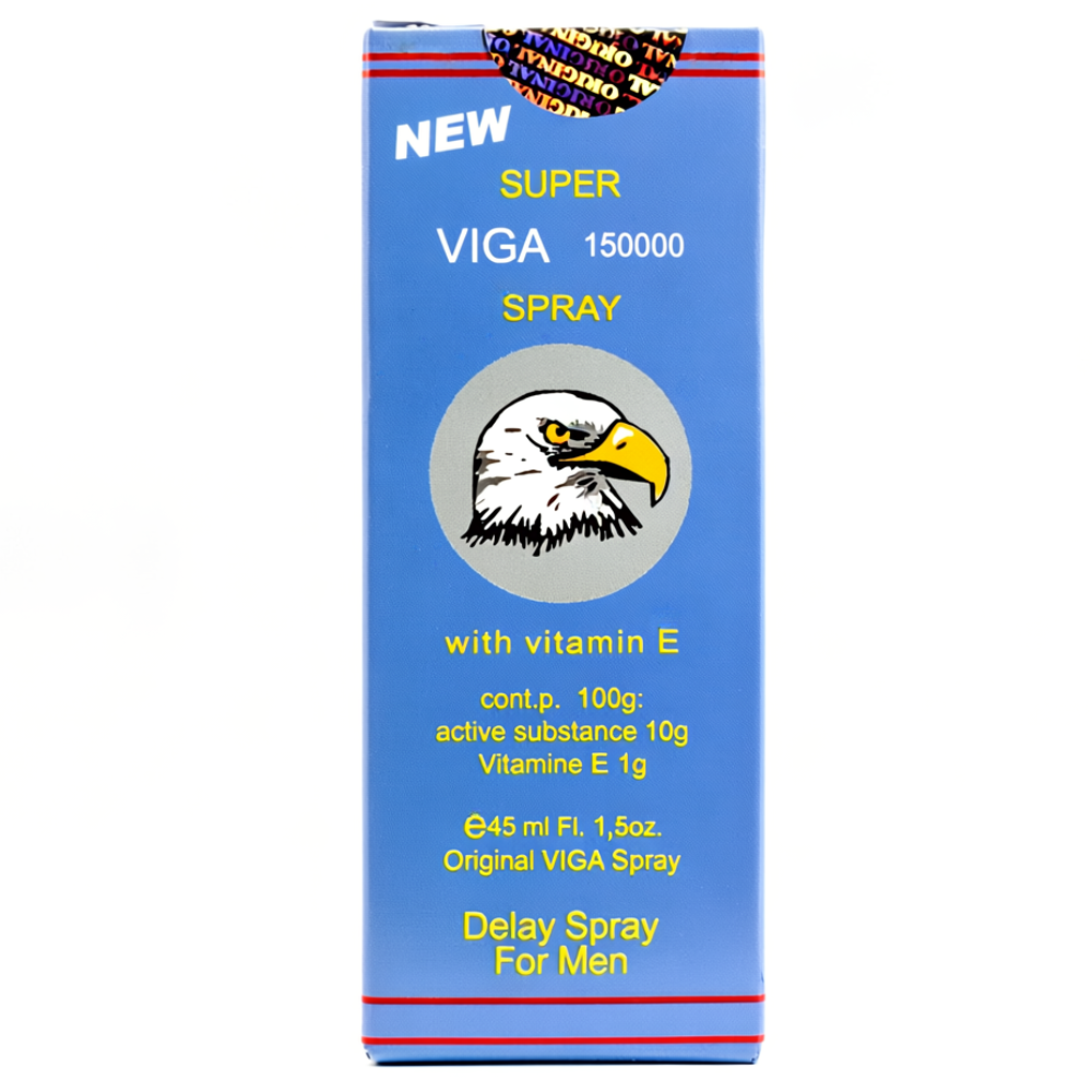 Super Viga 150000 delay spray box with vitamin E, 45ml male desensitizing spray packaging.