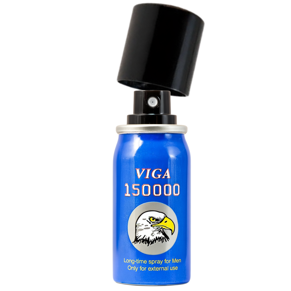 Super Viga 150000 delay spray for men – blue 45ml canister with open black cap, long-time male performance spray with vitamin E