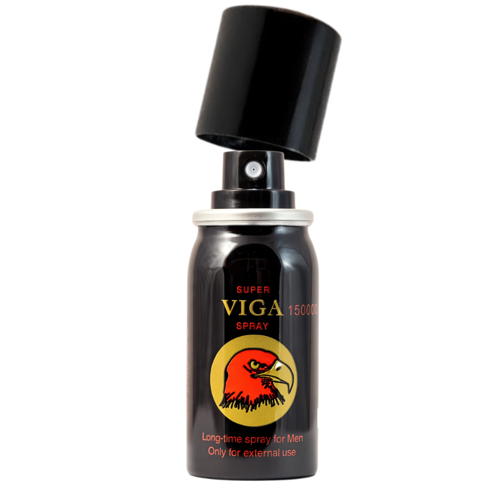 Super Viga 150000 delay spray can with cap open, black design featuring red eagle logo.
