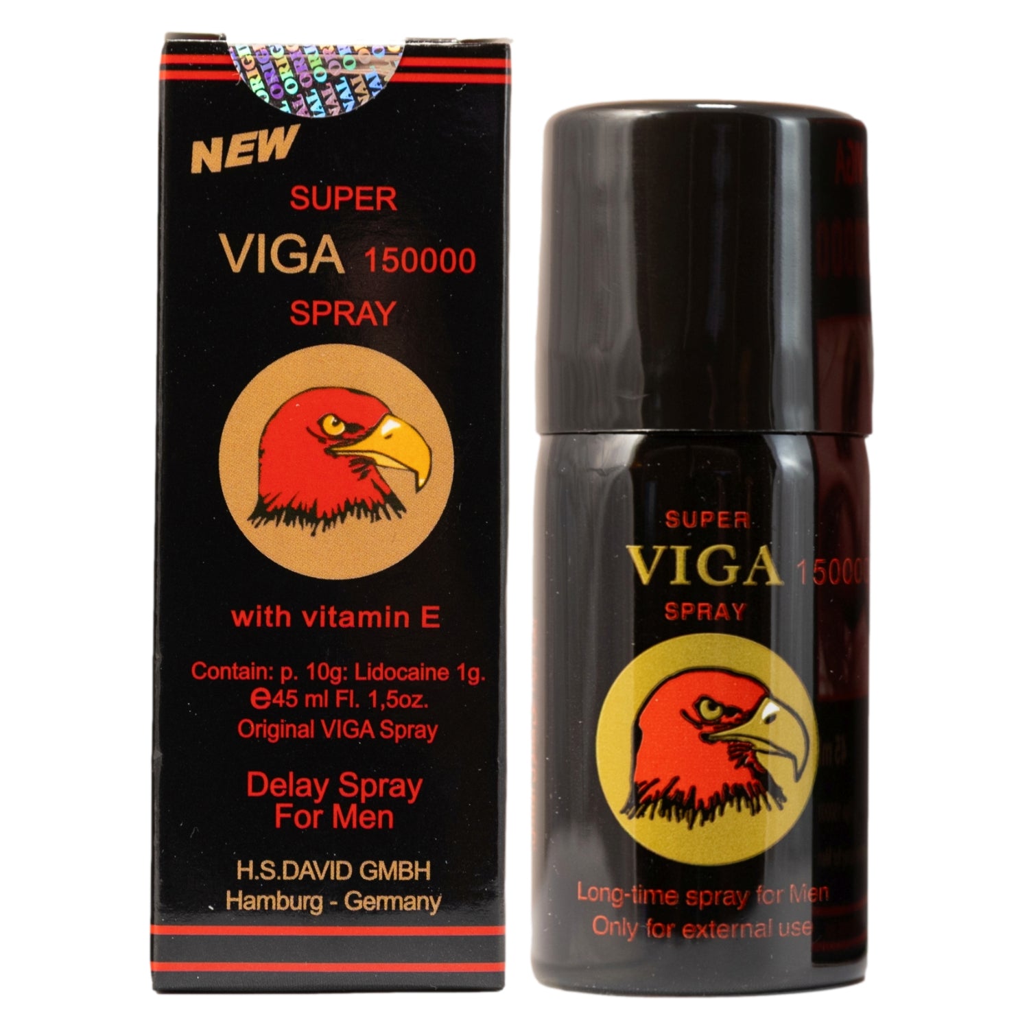 Bottle and box of Super Viga 150000 Delay Spray for Men with Vitamin E and Lidocaine, eagle logo, made in Germany