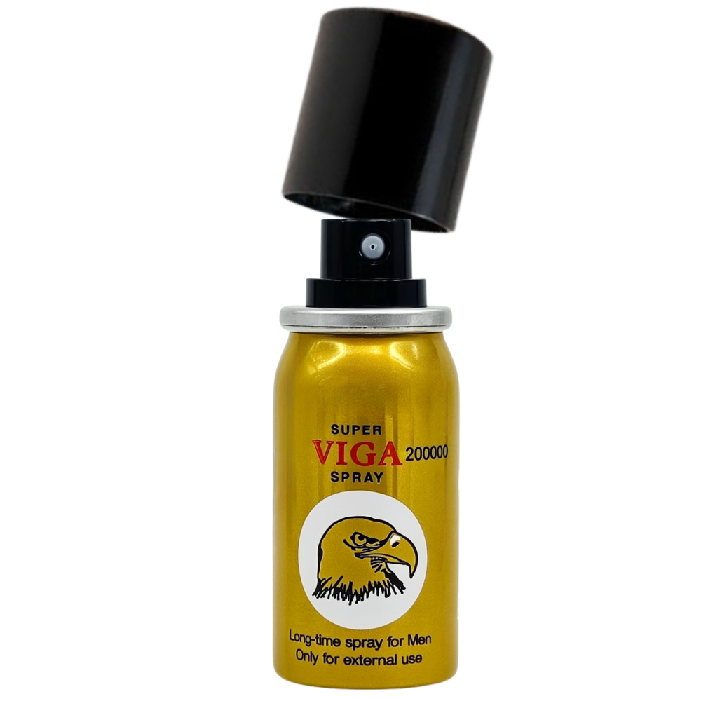 Super Viga 200000 gold delay spray bottle with eagle logo and lifted black cap – long-time spray for men
