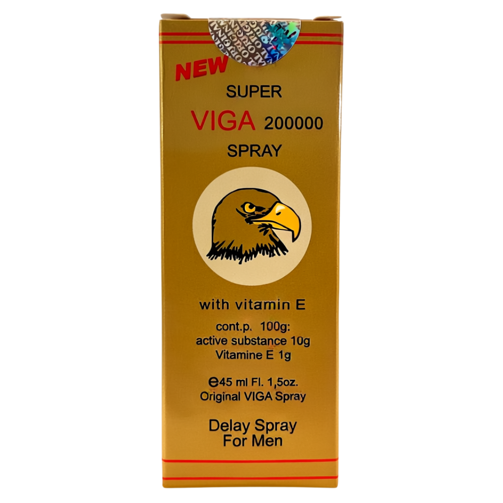 Super Viga 200000 gold box with eagle logo – long-time men’s delay spray with vitamin E