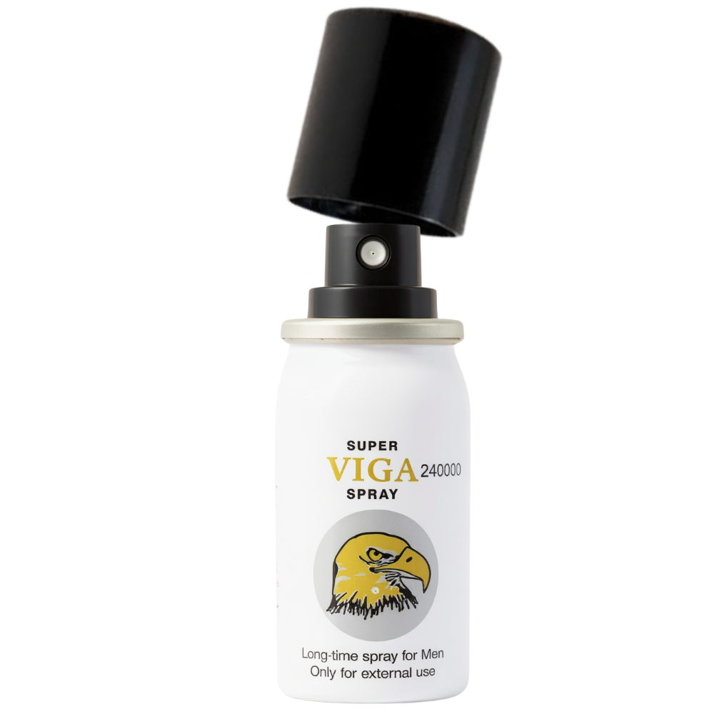 Super Viga 240000 Delay Spray bottle, white canister with black cap lifted, gold and black text, eagle logo on front, labeled for external use only