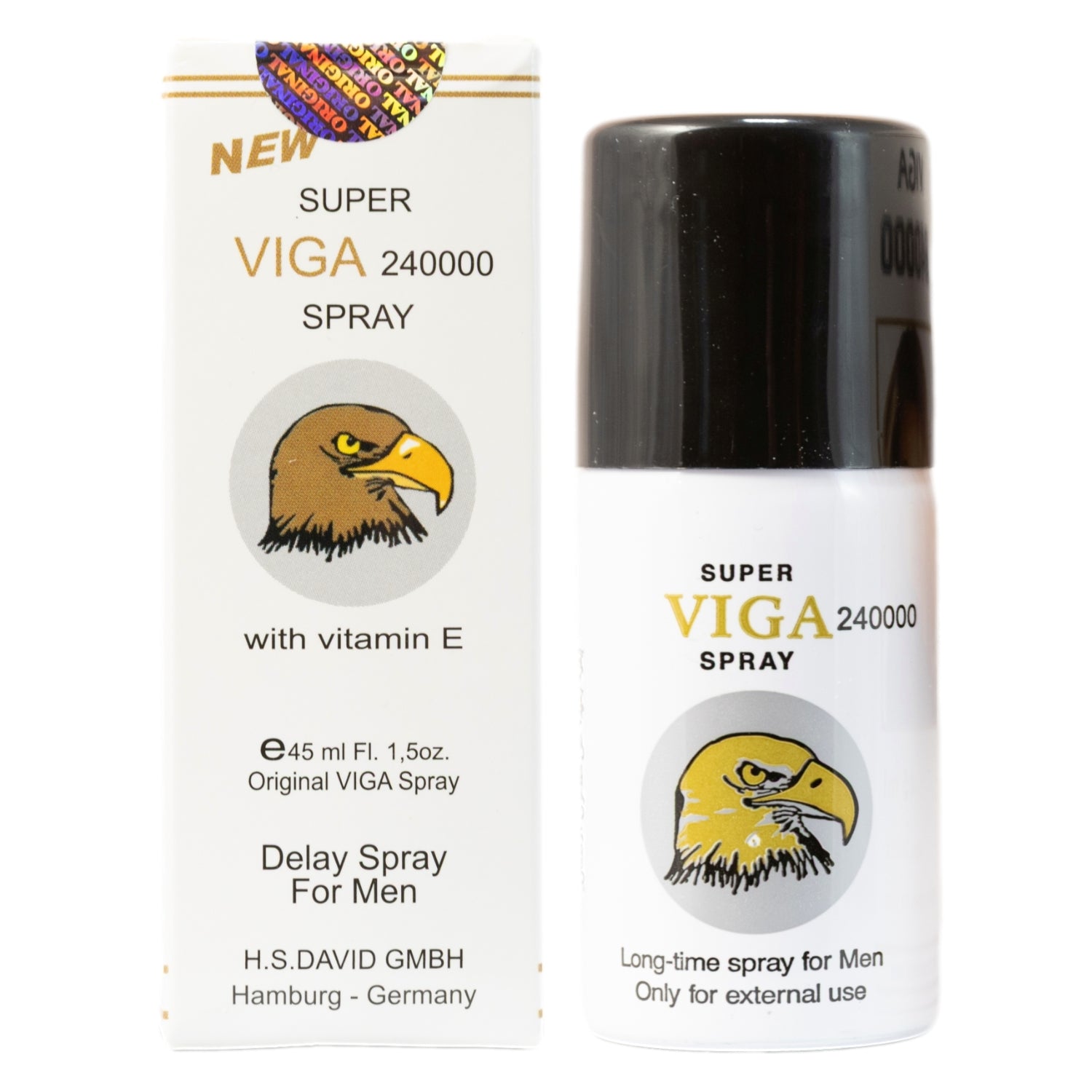 Super VIGA 240000 Delay Spray for Men with Vitamin E, 45ml bottle with white box, manufactured in Hamburg Germany