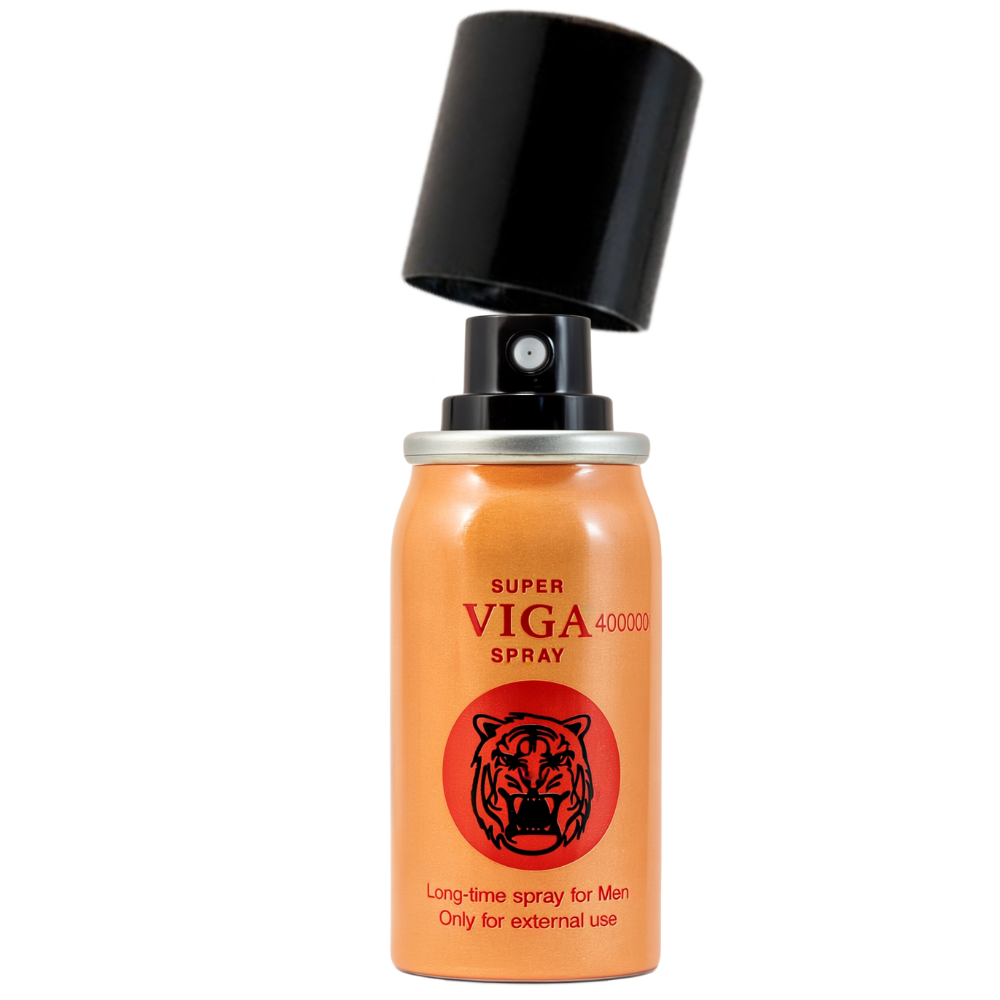 Super Viga 400000 Delay Spray bottle with tiger logo, orange can with black cap lifted, long-time spray for men