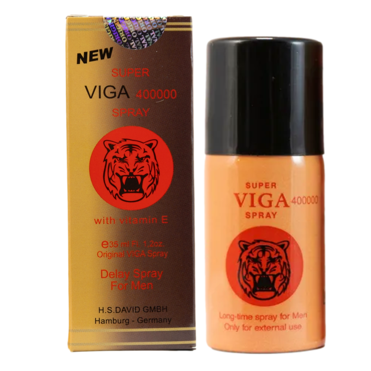 Super Viga 400000 delay spray for men with vitamin E, tiger logo on 35ml bottle and matching box
