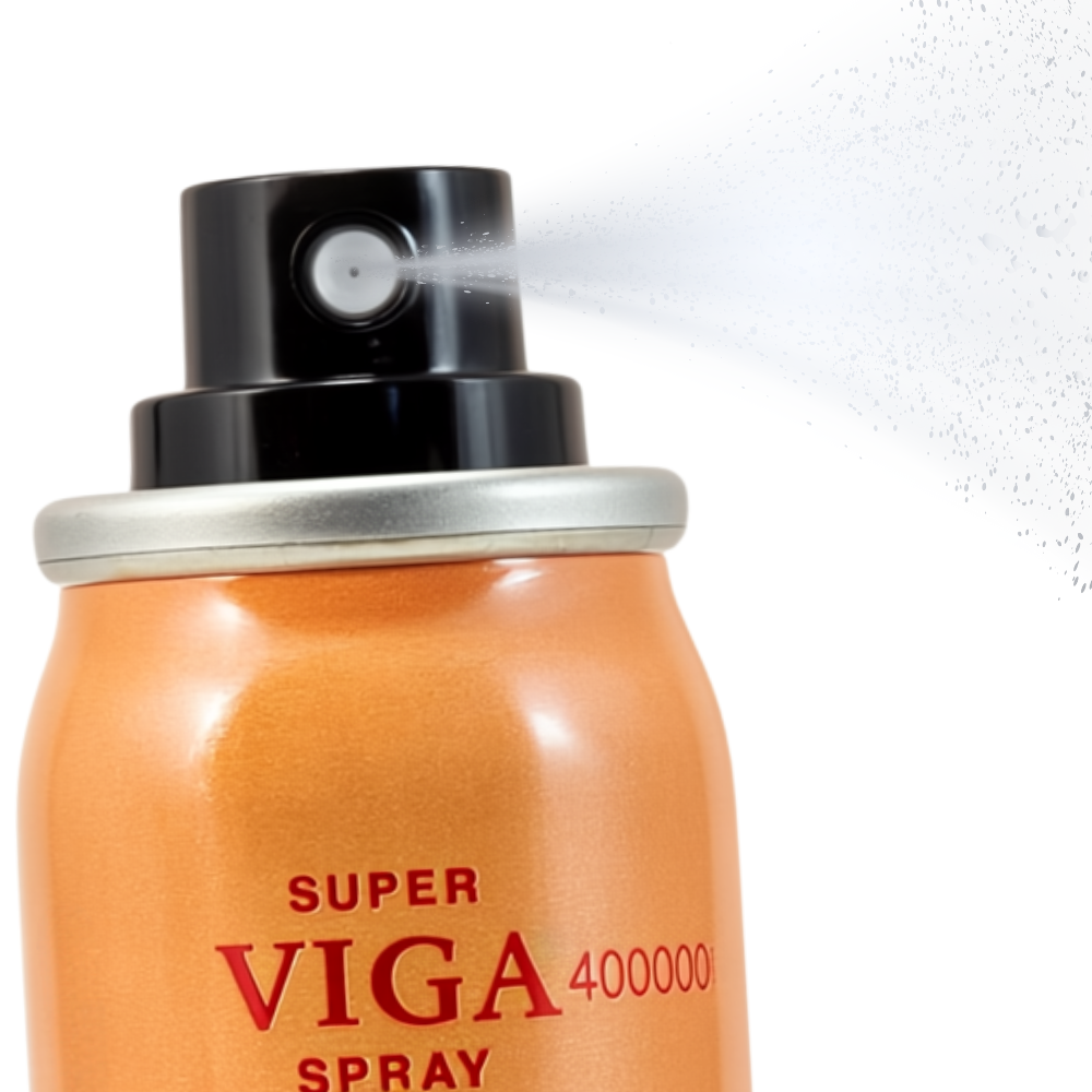 Super Viga 400000 Delay Spray orange can close-up with black nozzle spraying mist, male enhancement long-time spray
